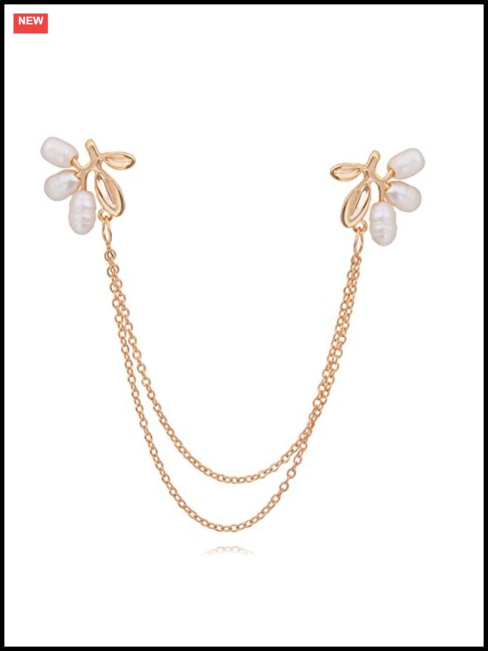 Natural Pearl Gold Tone Alloy Flower Brooch Pin Long Chain Collar Pin